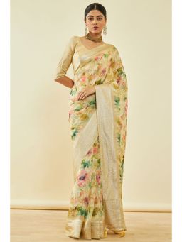 Soch - Womens Beige Organza Floral Print Saree With Tassels With Unstitched Blouse