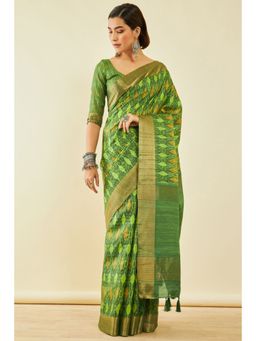 Soch - Womens Green Tussar Silk Ikkat Saree With Unstitched Blouse