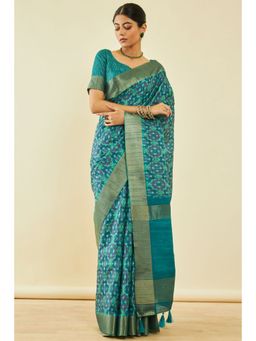 Soch - Womens Green Tussar Silk Ikkat Saree With Tassels With Unstitched Blouse