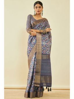 Soch - Womens Navy Blue Tussar Silk Ikkat Saree With Tassels With Unstitched Blouse