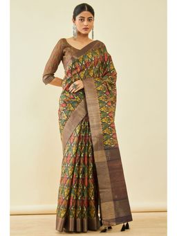 Soch - Womens Olive Tussar Silk Ikkat Saree With Tassels With Unstitched Blouse
