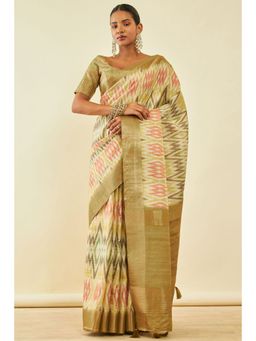 Soch - Womens Beige Tussar Silk Ikkat Saree With Tassels With Unstitched Blouse