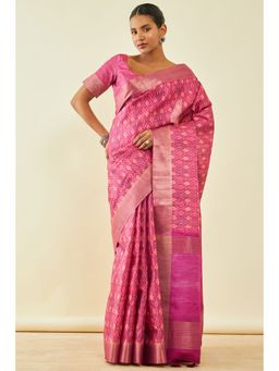 Soch - Womens Pink Tussar Silk Ikkat Saree With Tassels With Unstitched Blouse