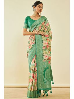 Soch - Womens Light Green Tussar Silk Floral Print Saree With Zari Woven With Unstitched Blouse