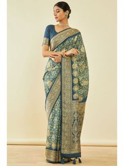 Soch - Womens Blue Tussar Silk Floral Print Saree With Tassels With Unstitched Blouse