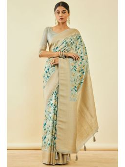 Soch - Womens Grey Tussar Silk Floral Print Saree With Unstitched Blouse