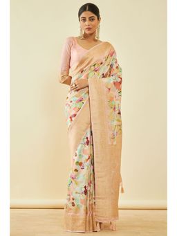 Soch - Womens Peach Tussar Silk Floral Print Saree With Tassels With Unstitched Blouse