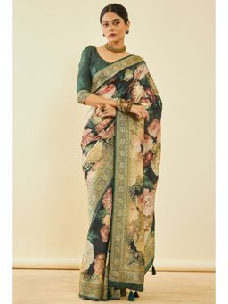 Soch - Womens Green Tussar Silk Floral Print Saree With Zari Woven With Unstitched Blouse