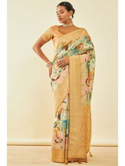 Soch - Womens Gold Tussar Silk Floral Print Saree With Zari Woven With Unstitched Blouse