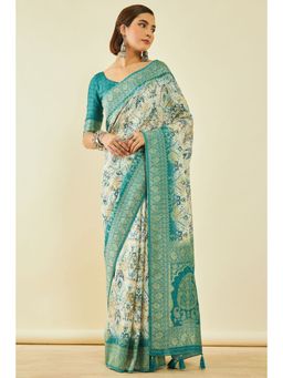 Soch - Womens Teal Tussar Silk Zari Woven Saree With Unstitched Blouse