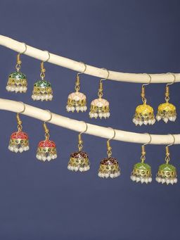 OOMPH - Combo of 6 Red, Green, Pink & Yellow Small Ethnic Jhumki Earrings