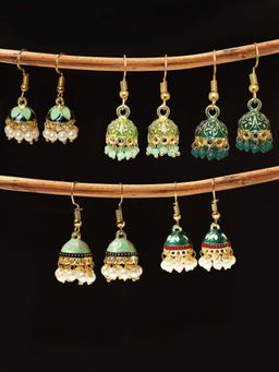 OOMPH - Combo of 5 Green Small Meenakari Jhumka Earrings With Pearls Beads