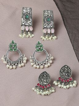 OOMPH - Combo of 3 Oxidised Silver Ethnic Drop Earrings - Pink, Green & Maroon Stones