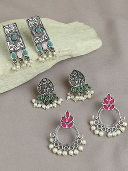 OOMPH - Combo of 3 Oxidised Silver Ethnic Drop Earrings - Pink, Maroon & Green
