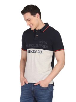 U.S. Polo Assn. Denim Co. - Men Navy Blue Blue & Off White Brand Print Cotton Polo T-Shirt