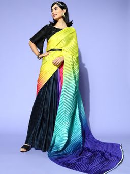 Tikhi Imli - Multi-Color Ombre Accordion Pleated Georgette Saree with Unstitched Blouse
