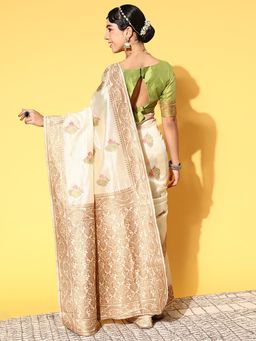 Sareemall - Silk Blend Cream Woven Design Celebrity Saree With Unstitched Blouse