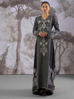 THREE-THREE - Anai Black Printed V Neck Maxi Gown