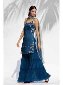MANDIRA WIRK - Saphire Blue Embroidered Kurta Sharara Set With Dupatta