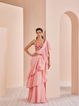 MANDIRA WIRK - Chiffon Solid Saree With Embroidered Stitched Blouse with Stitched