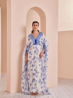 MANDIRA WIRK - Blue Periwinkle Floral Embroidered Kaftan