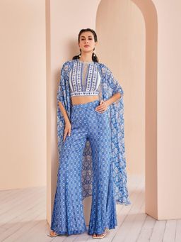 MANDIRA WIRK - Blue Embroidered Top with sharara and Cape