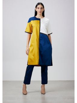Pallavi Swadi - Mustard Blue Block Cotton Satin Kurta With Pant
