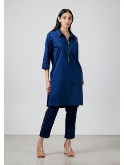 Pallavi Swadi - Midnight Blue Pima Cotton Zip Relaxed Fit Kurta With Pant