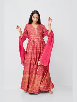 THREE-THREE - Dania Pink Printed Round Neck Maxi Gown