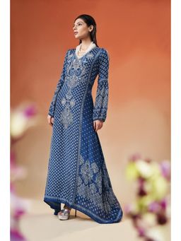 THREE-THREE - Iris Blue Printed V Neck Maxi Dress