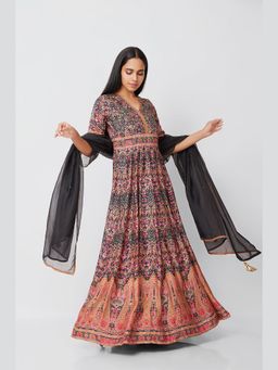 THREE-THREE - Liba Multi-Coloured Printed Maxi Gown with Dupatta