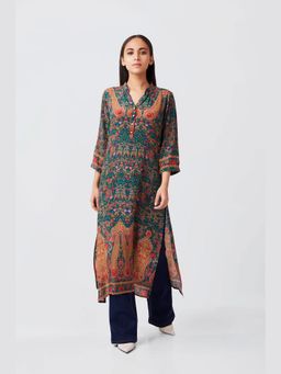 THREE-THREE - Misty Green Printed Mandarin Neck Tunic