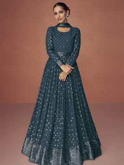 Odette - Teal Partywear Sequined Georgette Semi Stitched Dress Material (Set of 3)