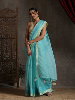Triyah - Sky Blue Kota Doria Saree with Border and Tassels
