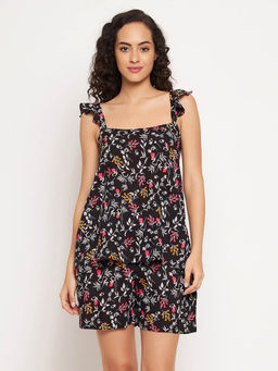 Clovia - Pretty Florals Cami Top & Shorts -rayon-black,multi-color