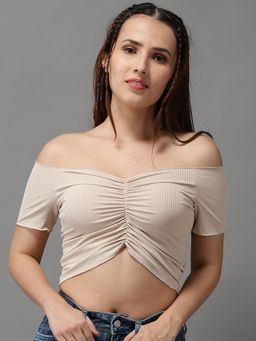 SHOWOFF - Womens Off-shoulder Beige Fitted Crop Top