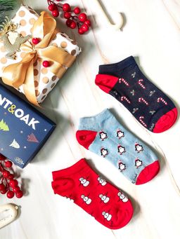 Mint & Oak - Christmas Design Pack of 3 Socks for Women - Multi-Color