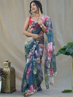 Odette - Blue Organza Printed Saree with Unstitched Blouse