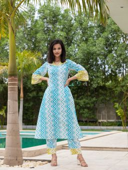 Yufta - Sky Blue Chevron Print Cotton A-Line Kurta & Pant (Set of 2)