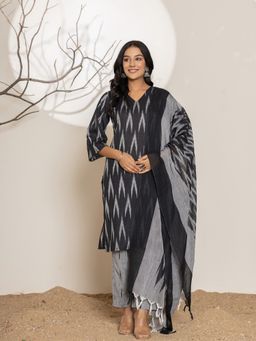 Yufta - Black Ikat Print Cotton Straight Kurta & Pant With Dupatta (Set of 3)