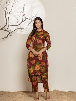 Yufta - Maroon Cotton Floral Kurta With Pant (Set of 2)