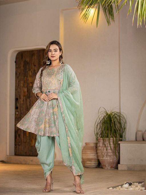 slim fit dress slacks Emerald Green Embellished Dhoti Skirt Saree Set 6 main image 1