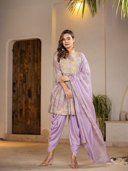 Yufta - Purple Cotton Peplum Kurta With Dhoti & Dupatta (Set of 3)