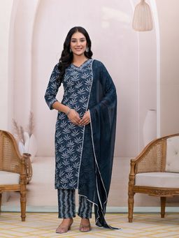 Yufta - Teal Embroidered Pure Cotton Straight Kurta With Pant & Dupatta (Set of 3)