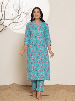Yufta - Sea Green Sequins Work Cotton Straight Kurta & Pant (Set of 2)