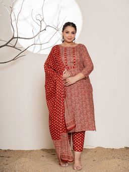 Yufta - Printed Maroon Cotton Plus Size Kurta With Pant & Dupatta (Set of 3)
