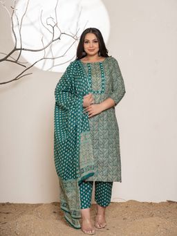 Yufta - Printed Green Cotton Plus Size Kurta With Pant & Dupatta (Set of 3)