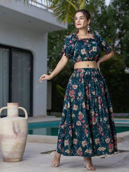 Yufta - Cotton Green Floral Crop Top & Skirt (Set of 2)