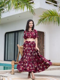 Yufta - Cotton Maroon Floral Crop Top & Skirt (Set of 2)