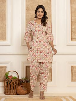 Yufta - Cotton Off White Geometric Print Co-Ord (Set of 2)